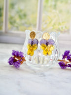Boucles d’oreilles pensée jaune/violet fleurs