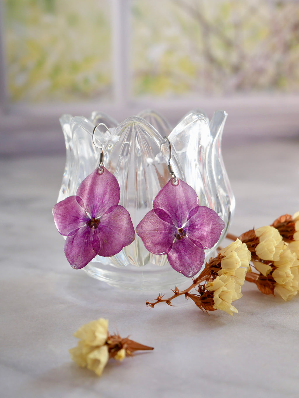 Boucles d’oreilles hortensia rose crochet