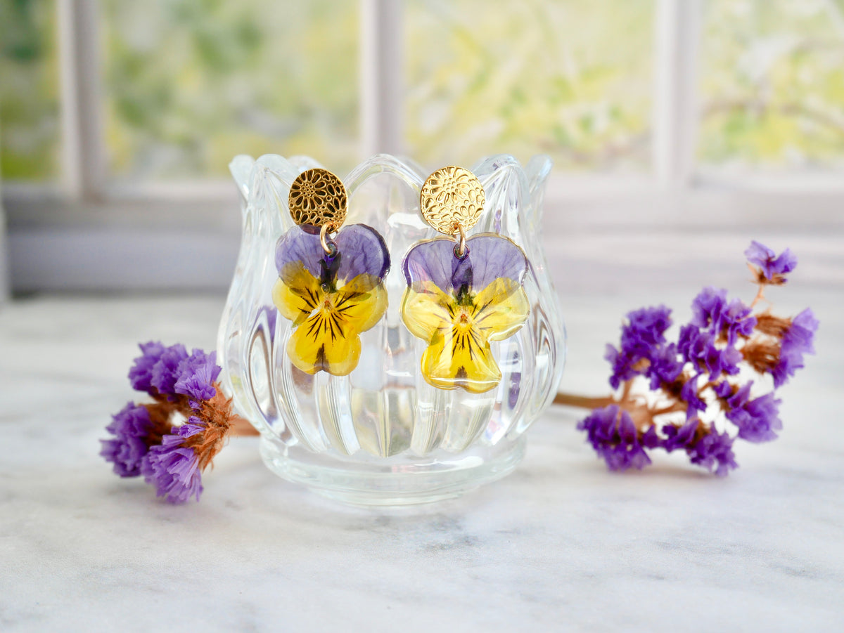 Boucles d’oreilles pensée jaune/violet fleurs